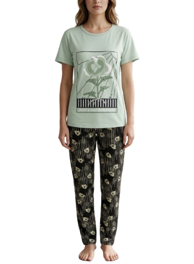 Women's cotton lycra pajama set - 2 pieces (T-shirt and pants) - Image 1