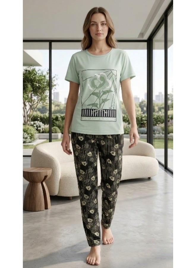 Women's cotton lycra pajama set - 2 pieces (T-shirt and pants) - Image 2