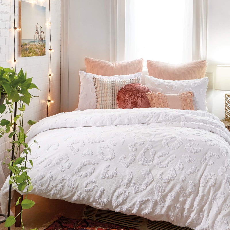 Peri Home Peri Home 100 Cotton 3Piece Comforter and Sham Set White Chenille Leopard FullQueen 