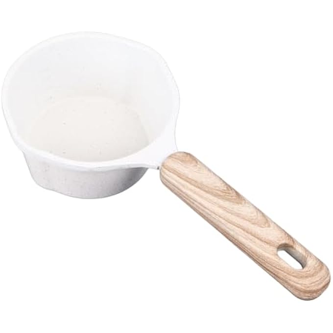 BROLEO Saucepan Compact Nonstick Sauce Pan With Pour Spouts Wooden Handle Aluminum Constructionstone Coating Milk Pot For Pouring Oil Milk Heating Frying White - Image 1