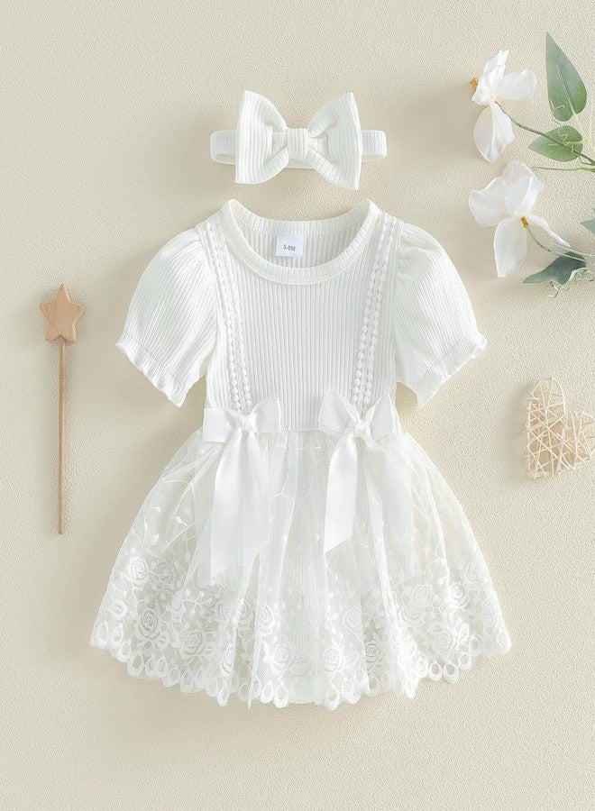 Douhoow Baby Girl Lace Dress Short Sleeve Baby Romper Dress Flowers Mesh Infant Girl Summer Clothes with Headband (White, 3-6 Months) - Image 2