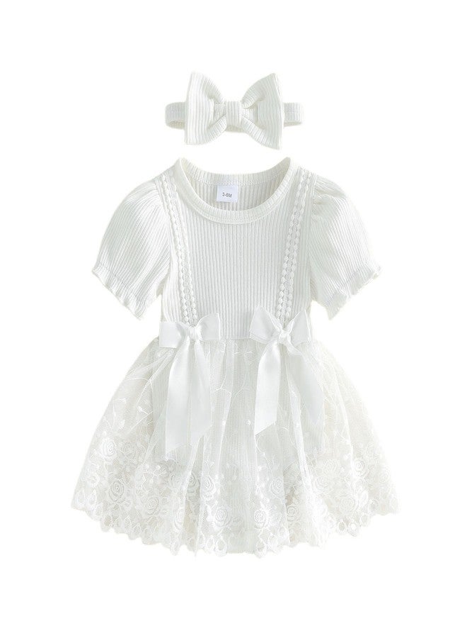 Douhoow Baby Girl Lace Dress Short Sleeve Baby Romper Dress Flowers Mesh Infant Girl Summer Clothes with Headband (White, 3-6 Months) - Image 1