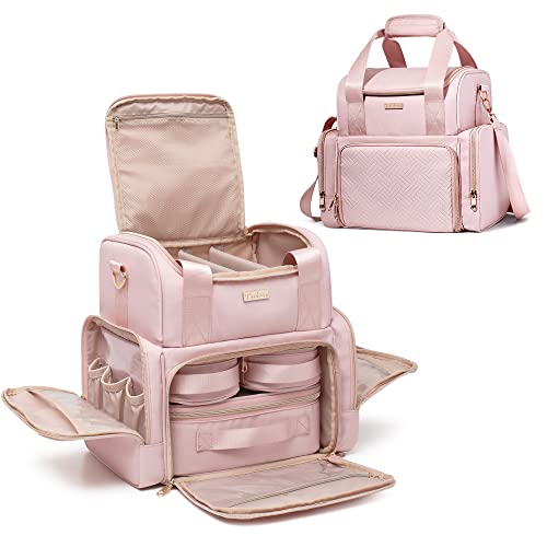 Prokva Large Makeup Cosmetic Bag with 3 Removable Case, Double Layer Travel Makeup Organizer Case with Inner Dividers and Makeup Brushes Storage Section, Pink (Patented Design) - Image 1