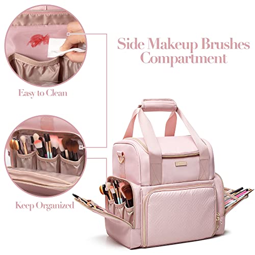 Prokva Large Makeup Cosmetic Bag with 3 Removable Case, Double Layer Travel Makeup Organizer Case with Inner Dividers and Makeup Brushes Storage Section, Pink (Patented Design) - Image 4