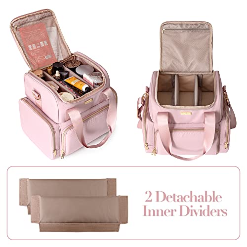 Prokva Large Makeup Cosmetic Bag with 3 Removable Case, Double Layer Travel Makeup Organizer Case with Inner Dividers and Makeup Brushes Storage Section, Pink (Patented Design) - Image 3