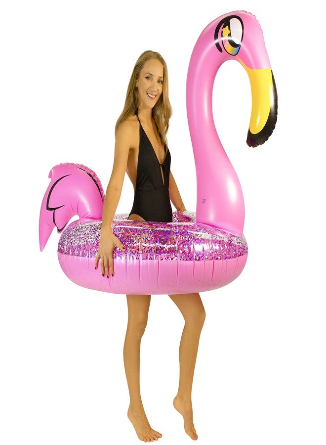 PoolCandy Inflatable Animal Pool Tubes & Swim Rings (Flamingo Glitter Filled 48" inch Animal Pool Tube Swim Ring) - Image 1
