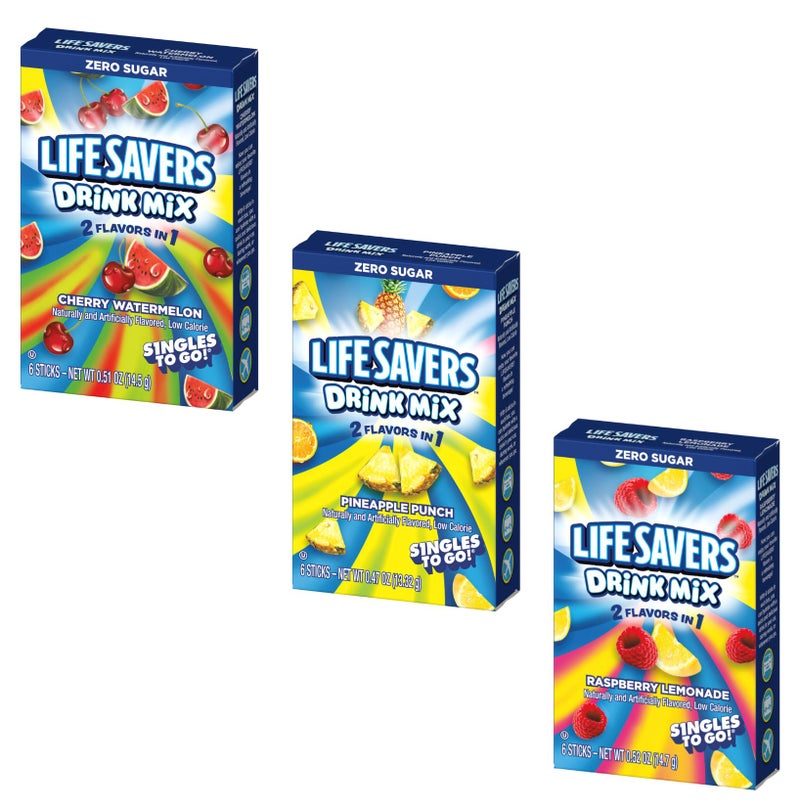 SINGLES TO GO! Lifesavers Singles to Go Variety Pack of 3 - One of Each Flavor - Cherry Watermelon, Pineapple Punch, and Raspberry Lemonade - Powdered Drink Mix - Image 1