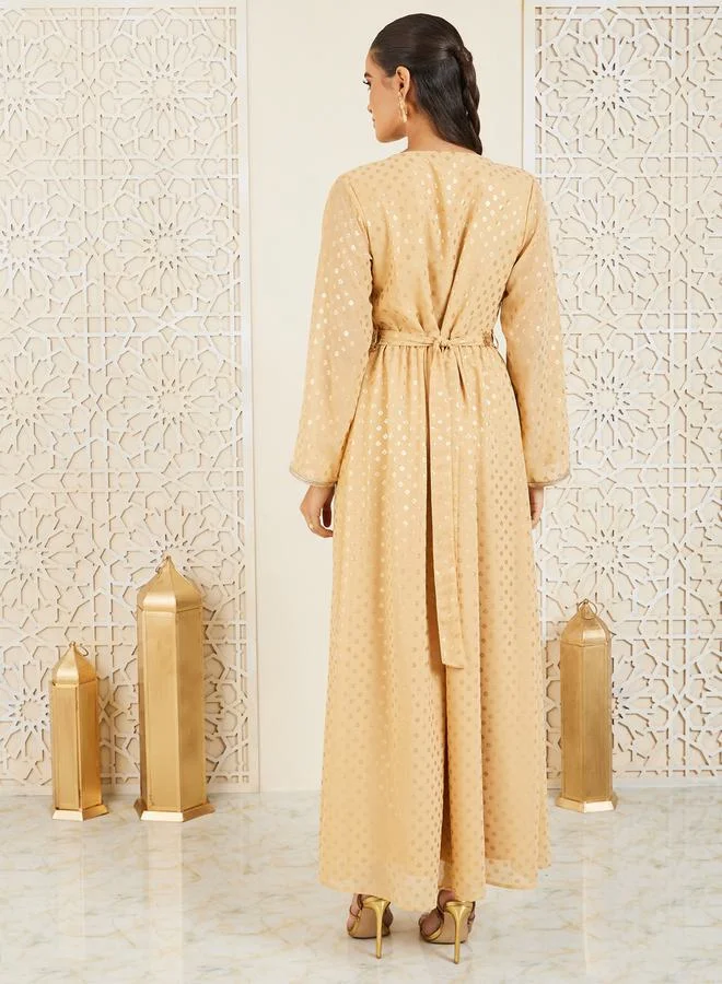 Styli Lace Trim Foil Print Jalabiya with Embroidered Self Tie Up