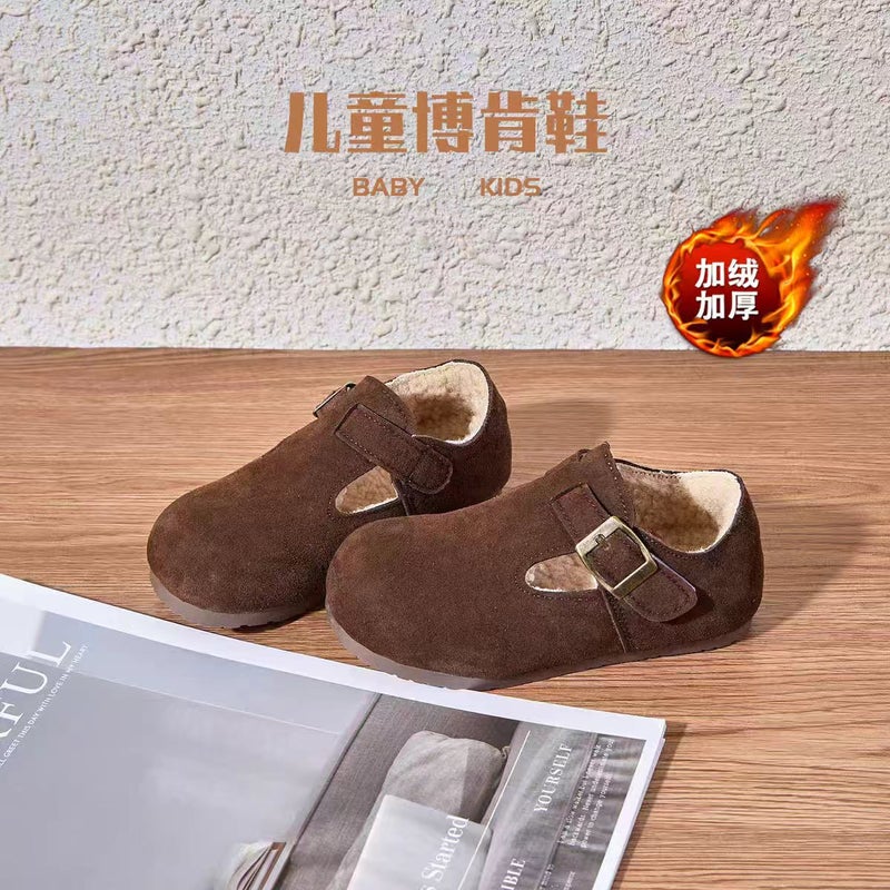 Children'S Boken Shoes Soft Bottom Leather Shoes Girls' Single Shoes Boys' Genuine Leather Fleece-Lined Baby Peas Shoes - Image 5