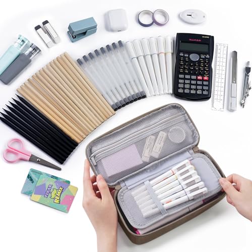 WEMATE Pencil Case, Large Storage Organizer for Stationery, Back - to - School Essential, Teacher Must - have, Big Pencil Pouch, Marker Case School Supplies for College & High School Brown - Image 2