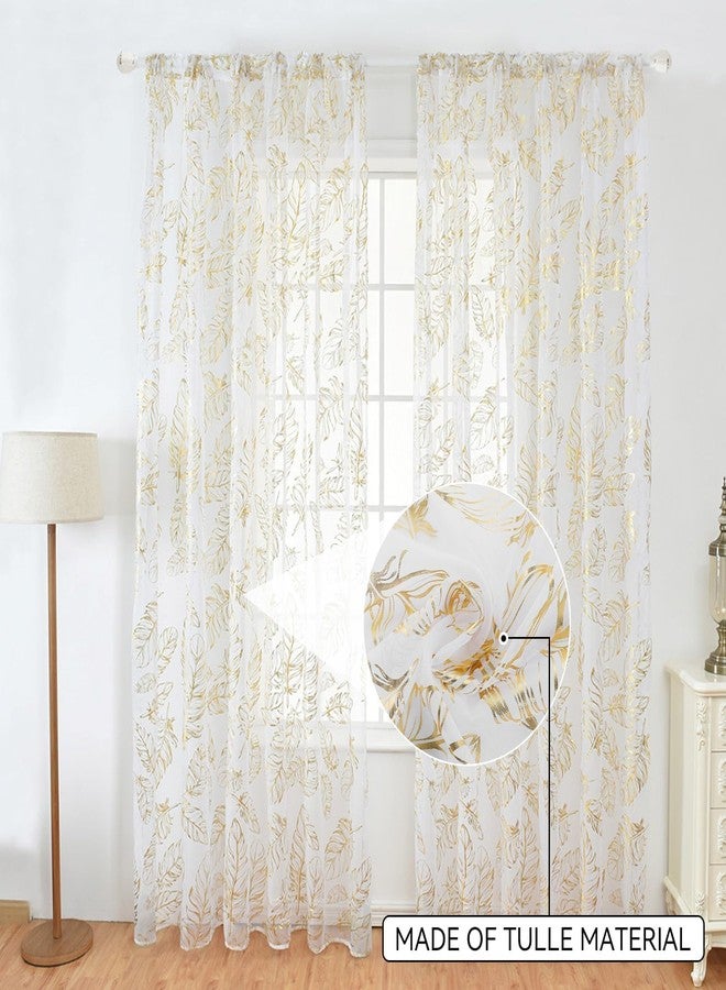 Beufee 2Pcs Feather Print Sheer Curtains, White Sheer Curtains Decorative Tulle Window Voile Panels Hot Stamping Curtains for Bedroom Living Room(Gold) - Image 2