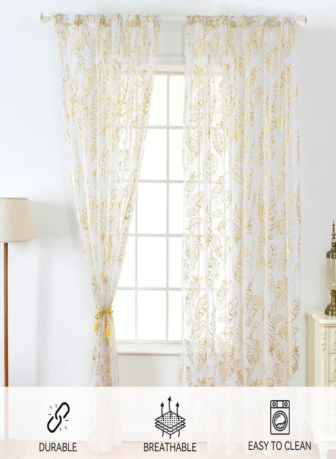 Beufee 2Pcs Feather Print Sheer Curtains, White Sheer Curtains Decorative Tulle Window Voile Panels Hot Stamping Curtains for Bedroom Living Room(Gold) - Image 3