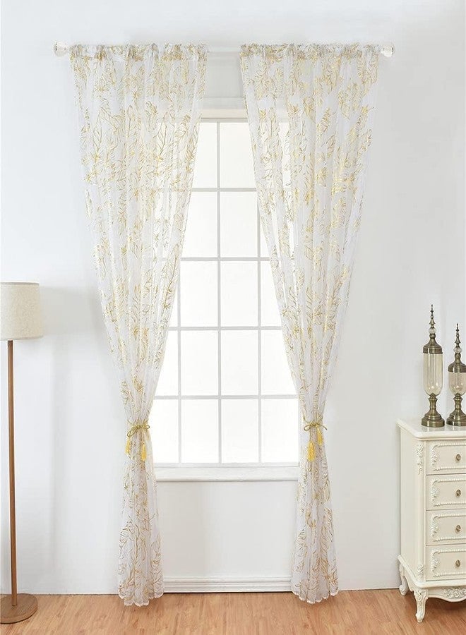 Beufee 2Pcs Feather Print Sheer Curtains, White Sheer Curtains Decorative Tulle Window Voile Panels Hot Stamping Curtains for Bedroom Living Room(Gold) - Image 5