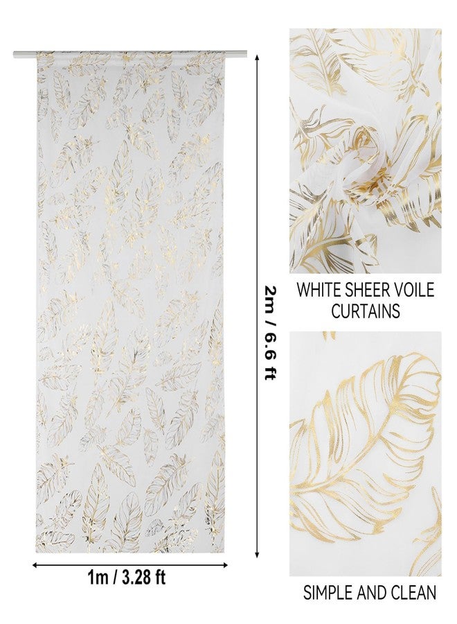 Beufee 2Pcs Feather Print Sheer Curtains, White Sheer Curtains Decorative Tulle Window Voile Panels Hot Stamping Curtains for Bedroom Living Room(Gold) - Image 4
