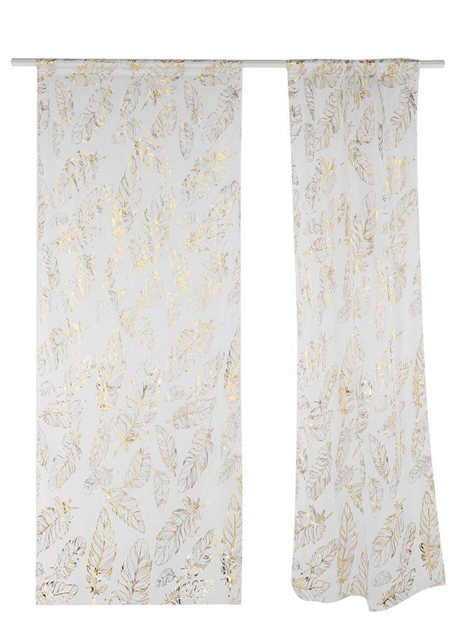 Beufee 2Pcs Feather Print Sheer Curtains, White Sheer Curtains Decorative Tulle Window Voile Panels Hot Stamping Curtains for Bedroom Living Room(Gold) - Image 1