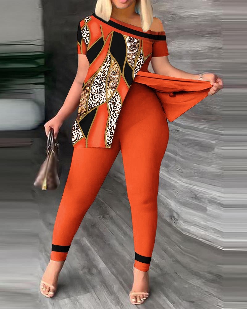 2026 Autumn European and American Women's Fashion Two-Piece Set with Slanted Neckline and Printed Pants