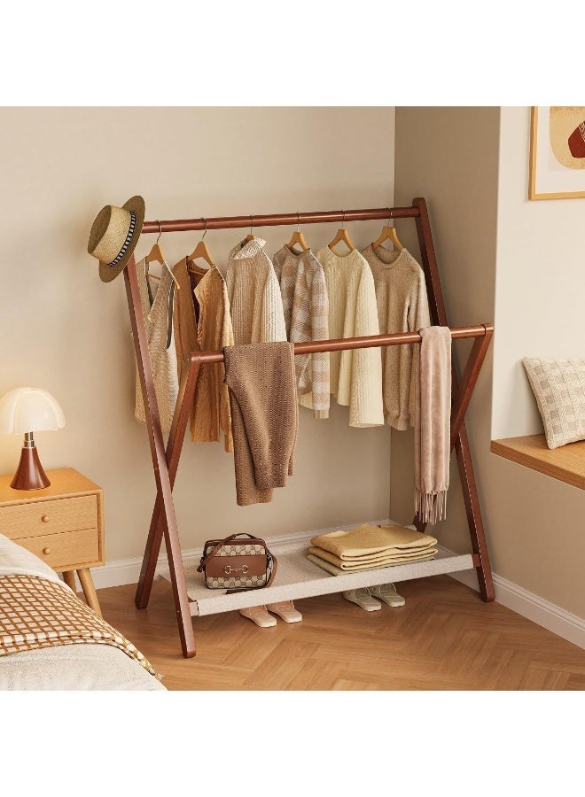 0TO1 TECH Wooden Towel Rack, Foldable Wooden Coat Rack Stand with Bottom Storage Shelf, Floor Standing Clothes Stand for Clothes & Bags, Easy Assembly, Freestanding Wardrobe for Bedrooms,Hotels,Laundry Rooms - Image 1
