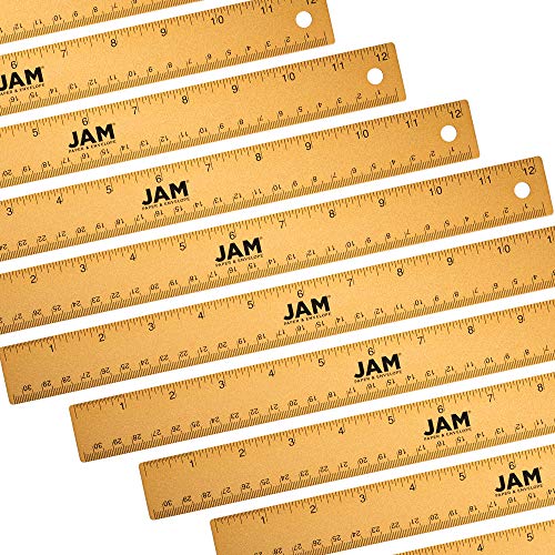 JAM PAPER Strong Aluminum Bulk Rulers 12 Inch Metal Ruler with NonSkid Cork Backing Gold Metallic 12Pack - Image 1