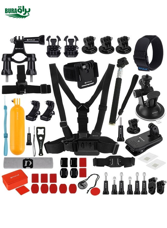 BURAQ - PULUZ 53 in 1 Accessories Total Ultimate Combo Kits (Chest Strap + Suction Cup Mount + 3-Way Pivot Arms + J-Hook Buckle + Wrist Strap + Helmet Strap + Extendable Monopod + Surface Mounts + Tripod Adapters + Storage Bag + Handlebar Mount) for GoPro, Insta360, DJI and Other Action Cameras - Image 1