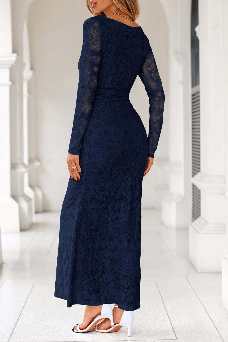 MITILLY Women's Formal Bodycon Maxi Dress Fall 2026 Long Sleeve Floral Tight Fitted Party Club Ruched Dresses Small Dark Blue - Image 3