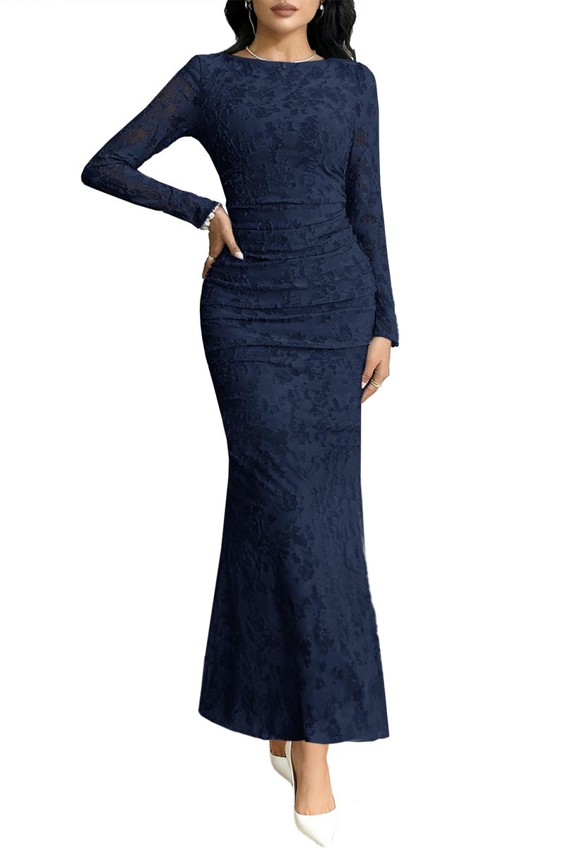 MITILLY Women's Formal Bodycon Maxi Dress Fall 2026 Long Sleeve Floral Tight Fitted Party Club Ruched Dresses Small Dark Blue - Image 1