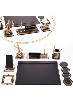 Themis Figurine Gold Leather Desk Set Marble Pattern Wooden Name Custom Table Name Plate Desktop Name Plate