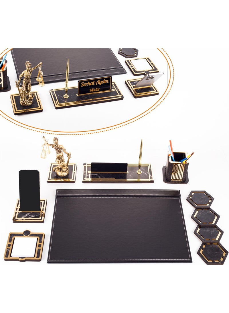 Ofistike - Themis Figurine Gold Leather Desk Set Marble Pattern Wooden Name Custom Table Name Plate Desktop Name Plate - Image 1