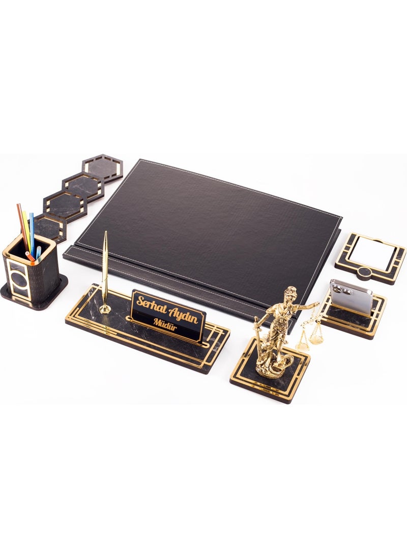 Ofistike - Themis Figurine Gold Leather Desk Set Marble Pattern Wooden Name Custom Table Name Plate Desktop Name Plate - Image 1