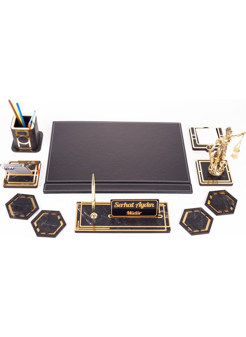 Ofistike - Themis Figurine Gold Leather Desk Set Marble Pattern Wooden Name Custom Table Name Plate Desktop Name Plate - Image 1