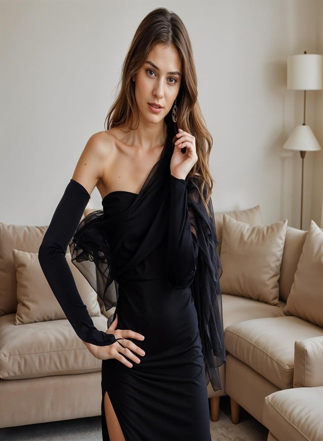 oruola قفازات أورولا الطويلة بدون أصابع، قفازات ساتان سوداء لحفلات الزفاف، أزياء غوث بانك، وأزياء الثمانينيات التنكرية، قفازات طويلة مطاطية بدون أصابع - Image 2