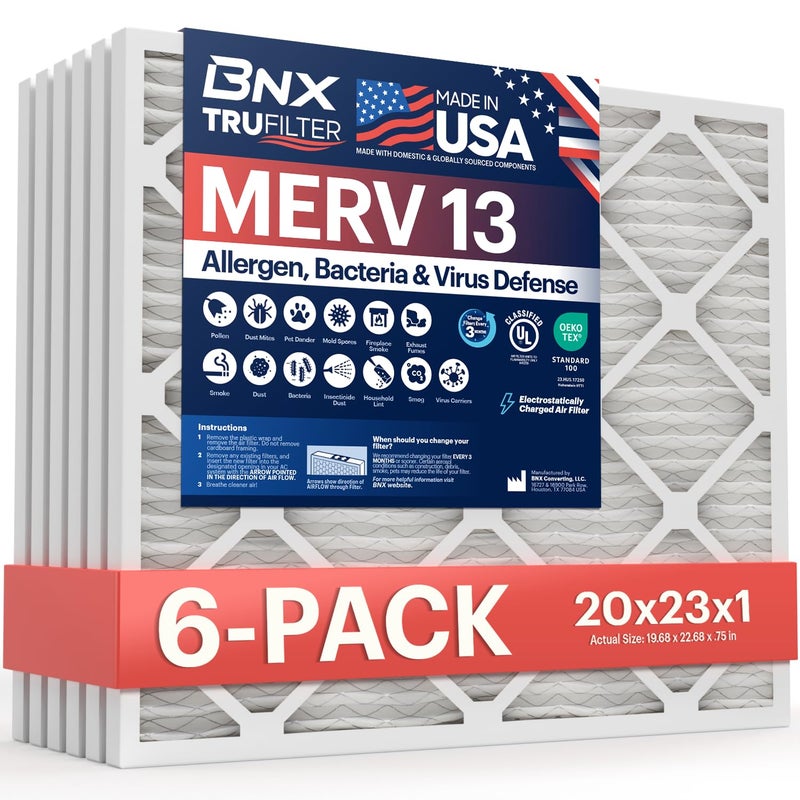 BNX TruFilter 20x23x1 Air Filter MERV 13 6Pack MADE IN USA Electrostatic Pleated Air Conditioner HVAC AC Furnace Filters for Allergies Pollen Mold Bacteria Smoke Allergen MPR 1900 FPR 10