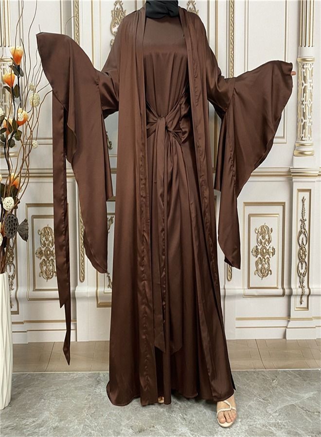 Loquat Long sleeved dress with Muslim cardigan coat suit Abaya Brown - Image 1