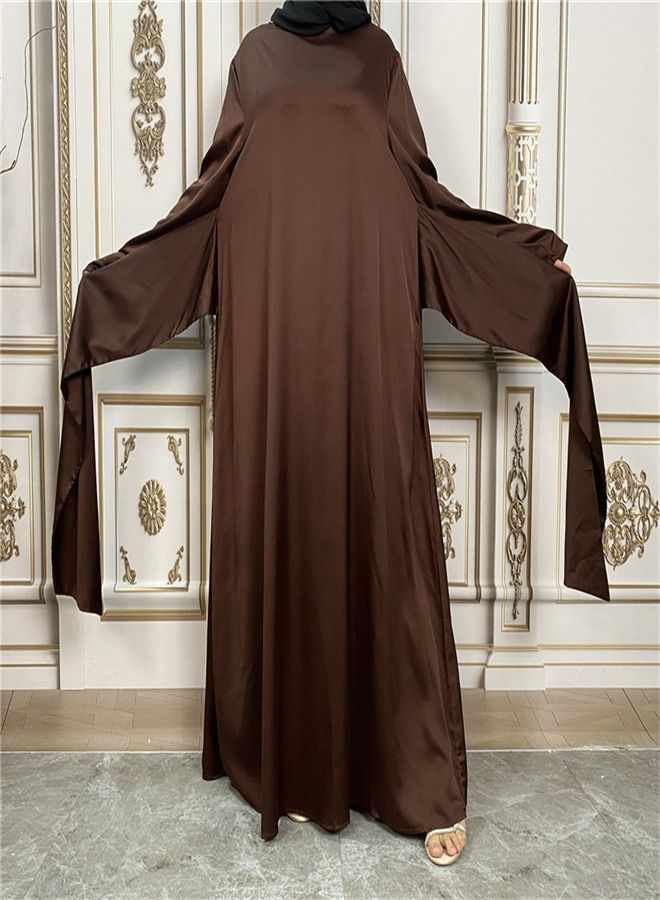 Loquat Long sleeved dress with Muslim cardigan coat suit Abaya Brown - Image 2