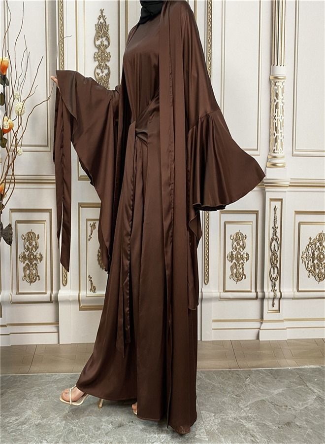 Loquat Long sleeved dress with Muslim cardigan coat suit Abaya Brown - Image 3
