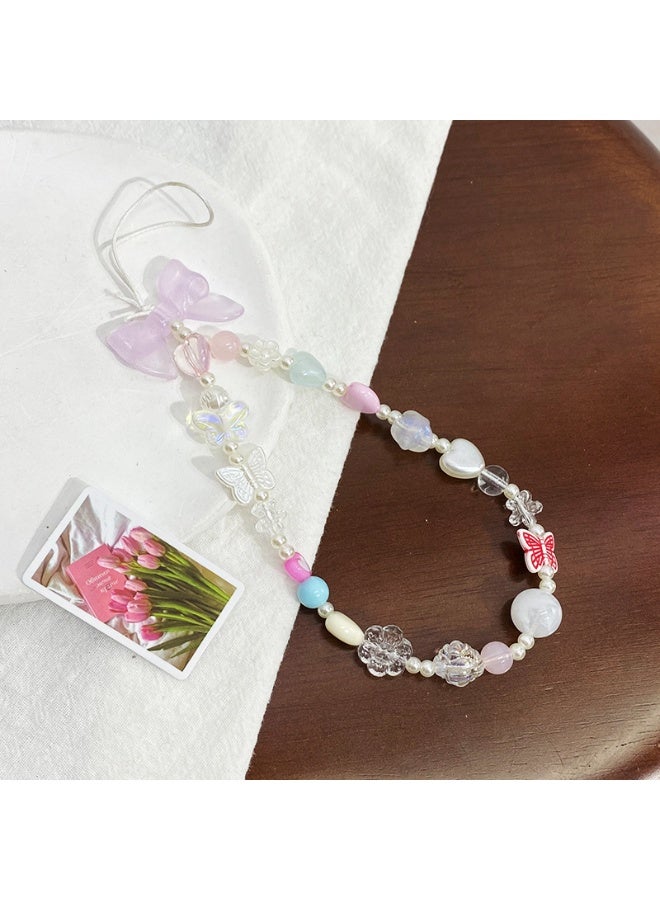 NIBEMINENT Beaded Phone Lanyard, Anti Lost Removable Wrist Strap, Geometric Pearl Heart Bow Bracelet Pendant, Phone Keychain Lanyard  - Image 1