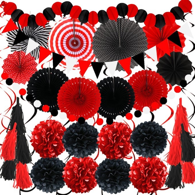PARTY DECORATIONS 41 PCS BLACK AND RED PAPAR FANS POMPOMS GARLANDS STRING TISSUE PAPER TASSEL FOR GRADUATION BRIDAL BABY SHOWER WEDDING BOY GIRL BIRTHDAY PARTY