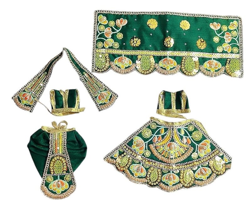 Partish Radha Krishna Dress | Poshak for Yugal Jodi | Radhe Krishna Ji Poshak with Heavy Work (Green, Dress Size 5 Inches for 8 & 9 Inches Murti) - Image 1