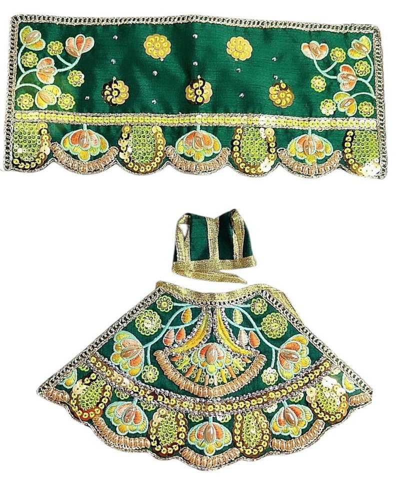 Partish Radha Krishna Dress | Poshak for Yugal Jodi | Radhe Krishna Ji Poshak with Heavy Work (Green, Dress Size 5 Inches for 8 & 9 Inches Murti) - Image 3