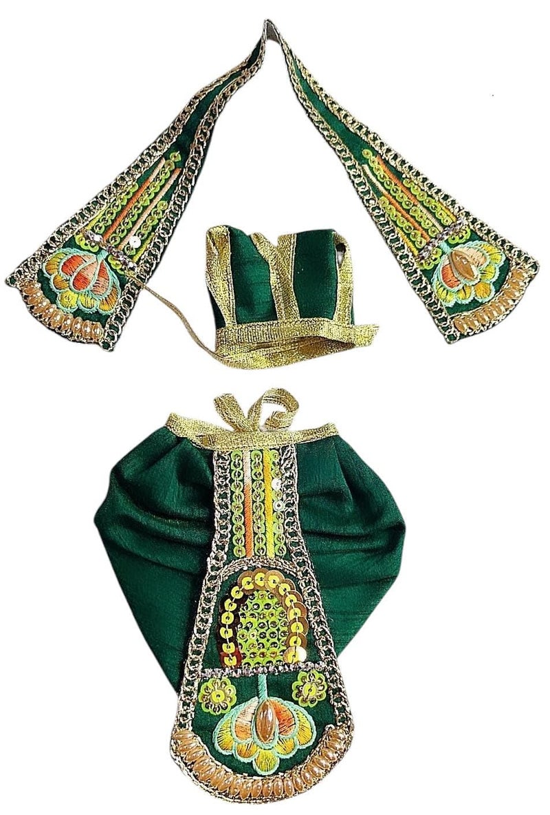 Partish Radha Krishna Dress | Poshak for Yugal Jodi | Radhe Krishna Ji Poshak with Heavy Work (Green, Dress Size 5 Inches for 8 & 9 Inches Murti) - Image 2
