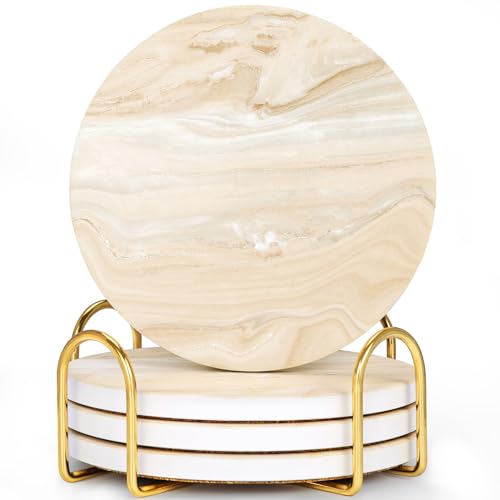 GOH DODD Coasters for Drinks Set of 4 Absorbent Marble Style Ceramic Coaster Cup Coasters Tabletop Protection Home Decor with Metal Holder for Housewarming Gifts Wedding Party Gold Round 4 Inch - Image 1