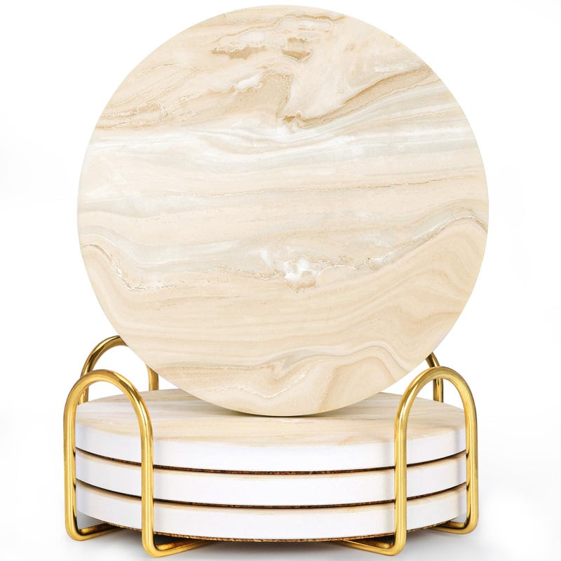 GOH DODD Coasters for Drinks Set of 4 Absorbent Marble Style Ceramic Coaster Cup Coasters Tabletop Protection Home Decor with Metal Holder for Housewarming Gifts Wedding Party Gold Round 4 Inch - Image 2