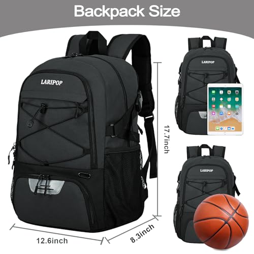 LARIPOP Basketball Backpack with Ball Compartment Ventilated Shoe Pocket Fits US Size 15 Water Resistant 30L Sports Bag for Men Women Teen Athletes Practice Travel - Image 3
