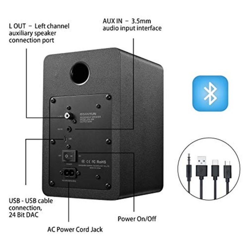 سماعات Sanyun SW208 3 بوصات بلوتوث 5.0 على رف الكتب، مكبر صوت مدمج 24 بت DAC 60 وات من ألياف الكربون، مدخل USB و3.5 مم AUX، صوت محيطي ديناميكي ثلاثي الأبعاد، زوج ألعاب شاشة كمبيوتر 2.0، أسود - Image 4