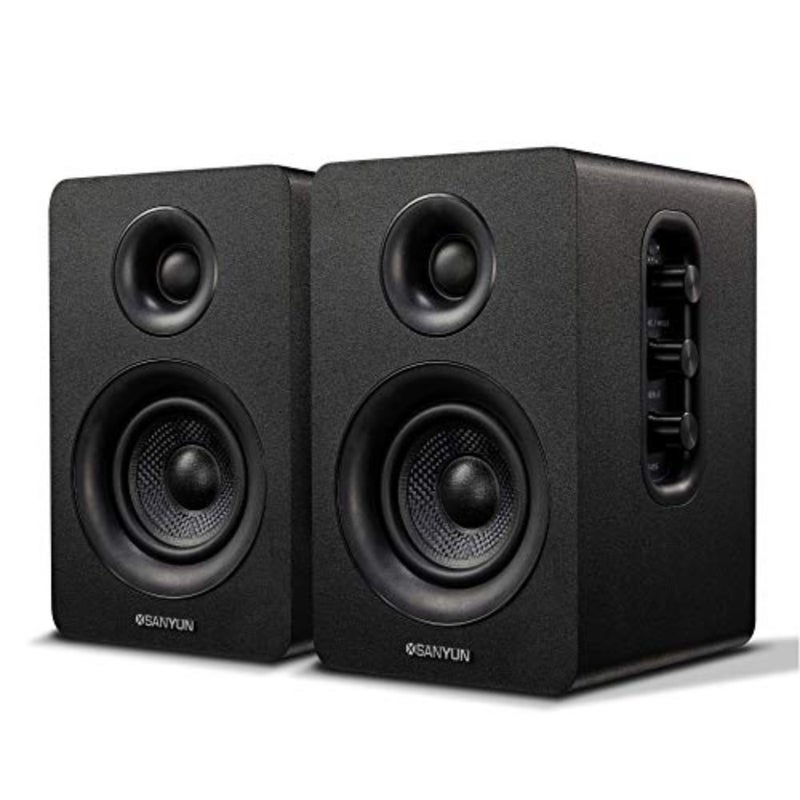 سماعات Sanyun SW208 3 بوصات بلوتوث 5.0 على رف الكتب، مكبر صوت مدمج 24 بت DAC 60 وات من ألياف الكربون، مدخل USB و3.5 مم AUX، صوت محيطي ديناميكي ثلاثي الأبعاد، زوج ألعاب شاشة كمبيوتر 2.0، أسود - Image 1