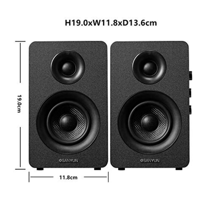 سماعات Sanyun SW208 3 بوصات بلوتوث 5.0 على رف الكتب، مكبر صوت مدمج 24 بت DAC 60 وات من ألياف الكربون، مدخل USB و3.5 مم AUX، صوت محيطي ديناميكي ثلاثي الأبعاد، زوج ألعاب شاشة كمبيوتر 2.0، أسود - Image 2