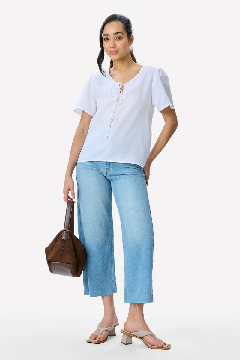 فيرجيو Solid Cotton Puff Sleeve Top for Women