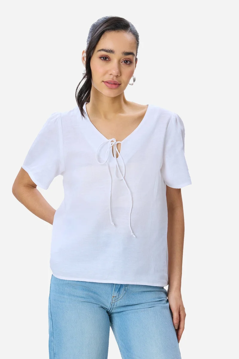 فيرجيو Solid Cotton Puff Sleeve Top for Women