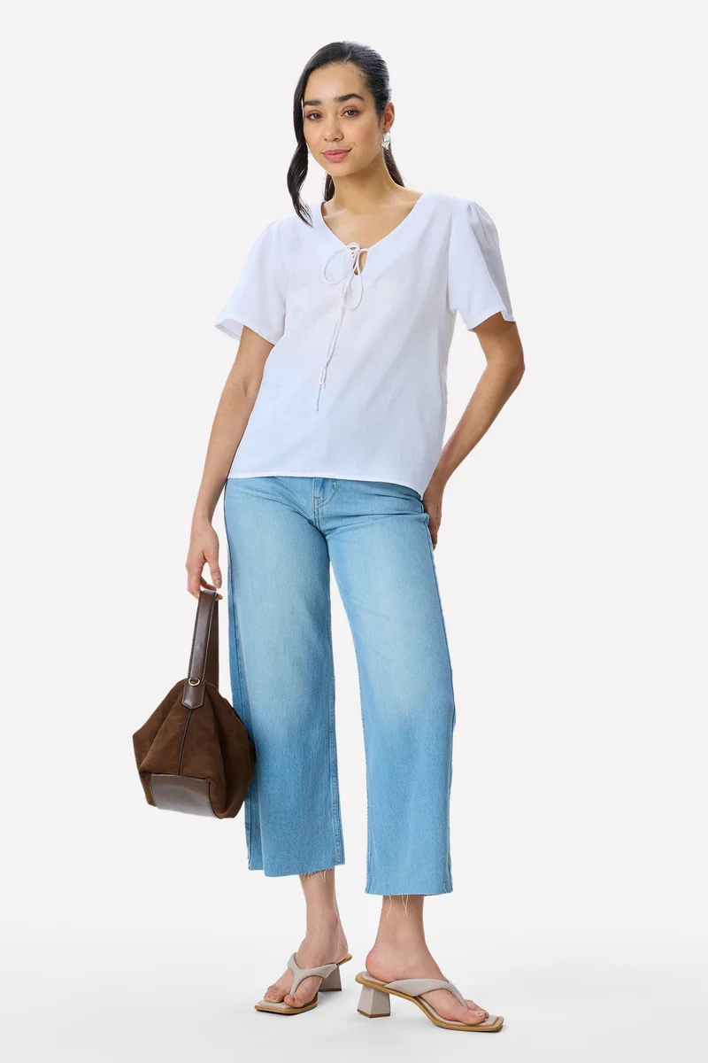 فيرجيو Solid Cotton Puff Sleeve Top for Women