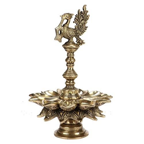 Artvarko 1 Feet Large Brass Peacock Design Multi Oil Wick Diya Lamp Pooja Articles Home Decor Item Showpieces House Warming Wedding Decoration Diwali Pital Dipak Deepam - Image 5