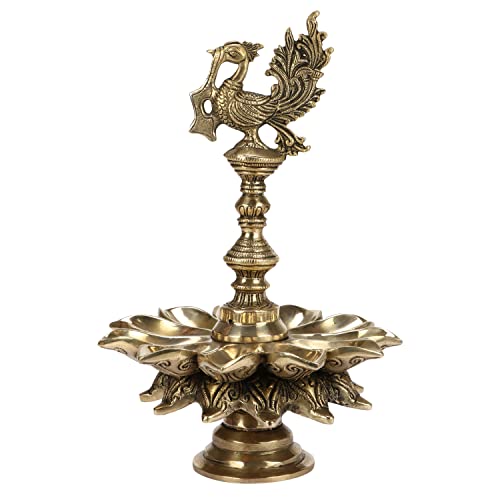 Artvarko 1 Feet Large Brass Peacock Design Multi Oil Wick Diya Lamp Pooja Articles Home Decor Item Showpieces House Warming Wedding Decoration Diwali Pital Dipak Deepam - Image 1